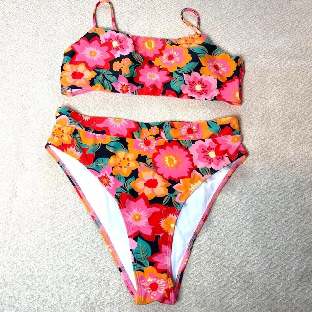 Women’s 2-Piece Swimsuit Large Floral Bandeau High Waist Bikini Adjustable Strap